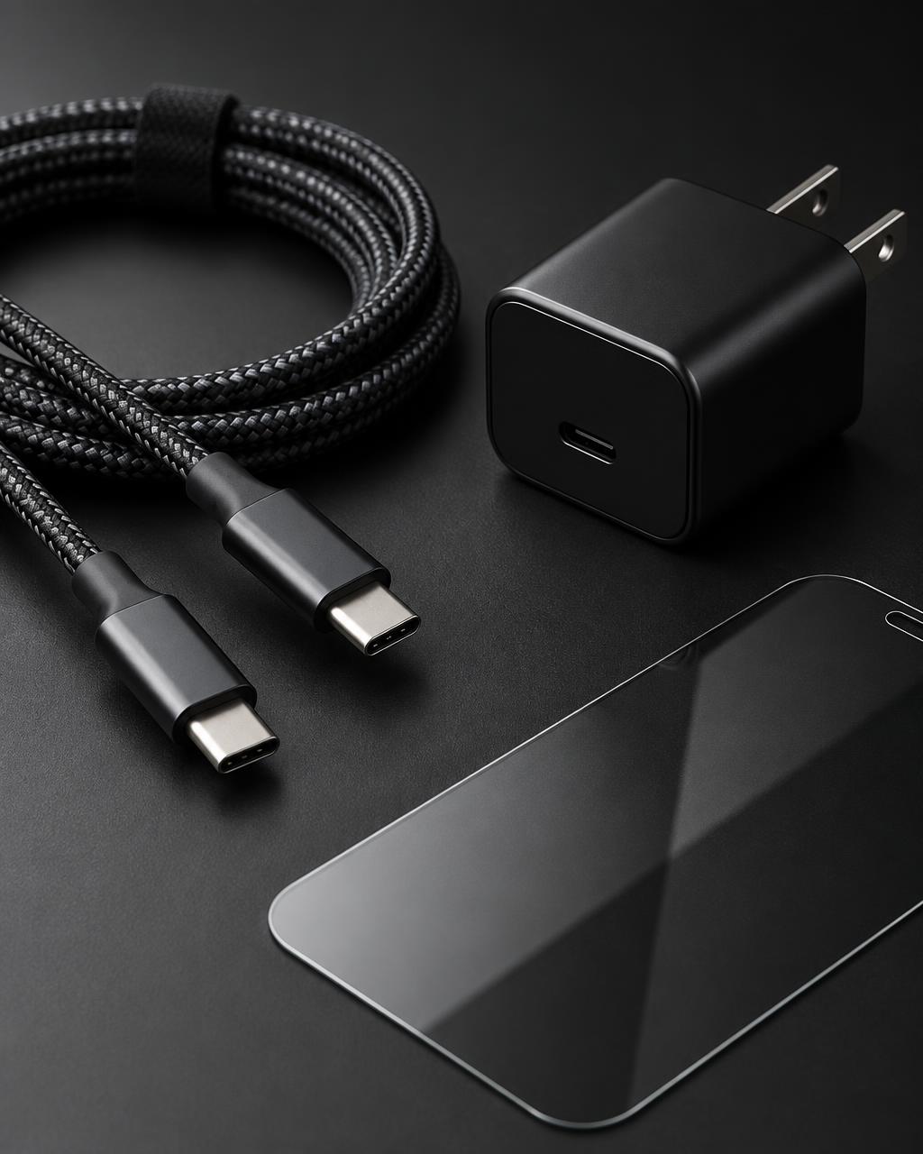 Braided USB-C cables, charger and tempered glass screen protector