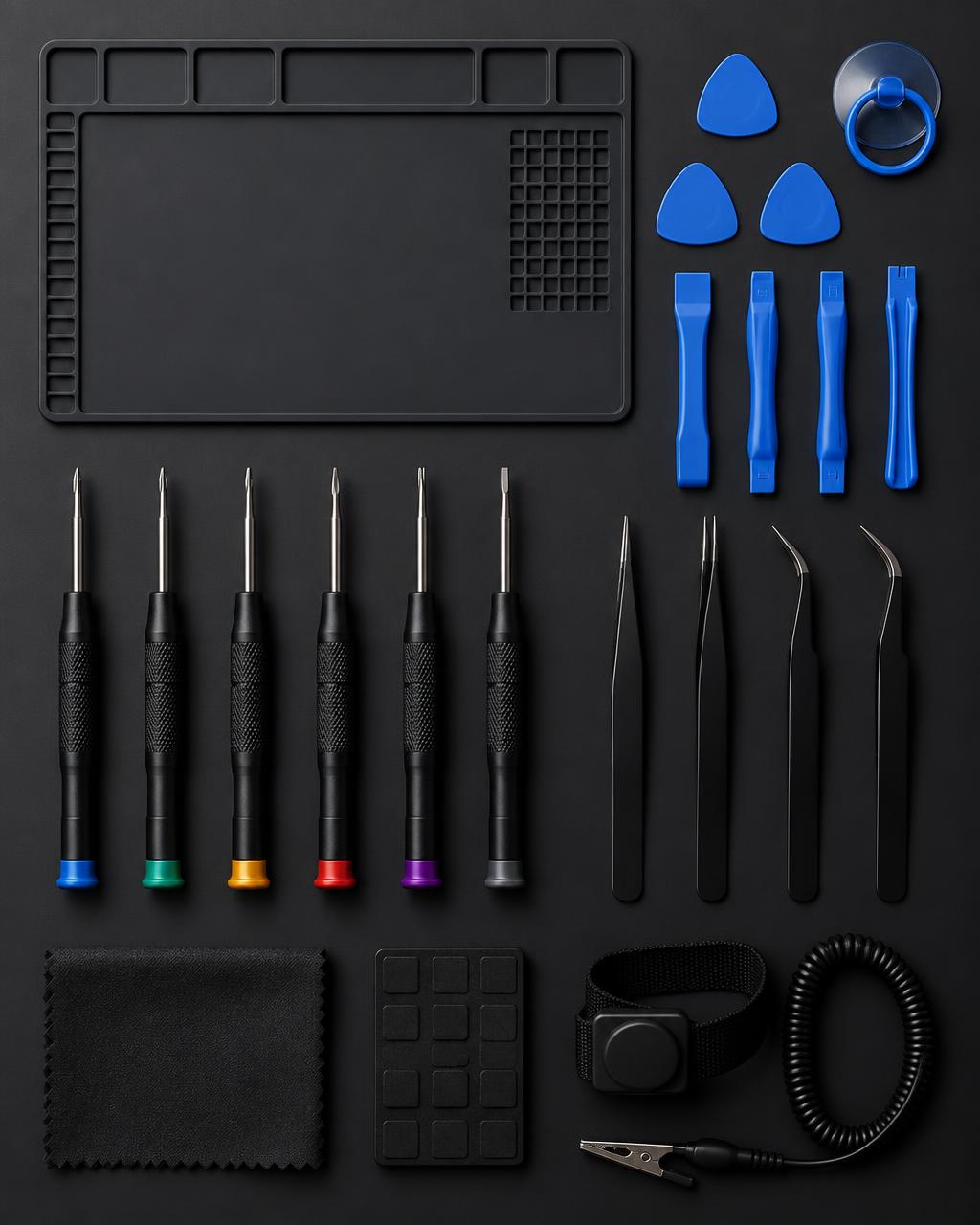Professional electronics repair tool kit laid out on a mat