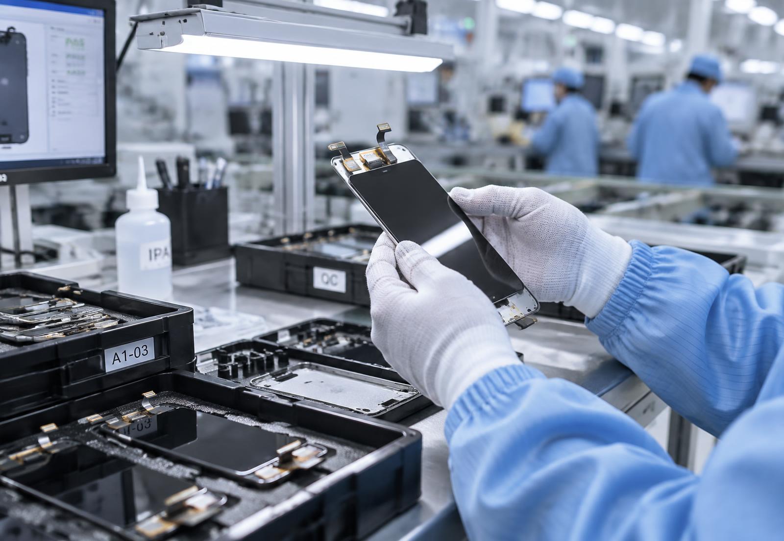 Quality control inspection of a phone screen assembly in an electronics factory
