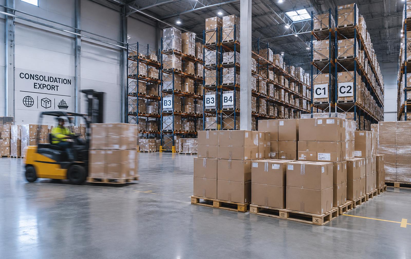Consolidated export cartons stacked on pallets in a modern warehouse