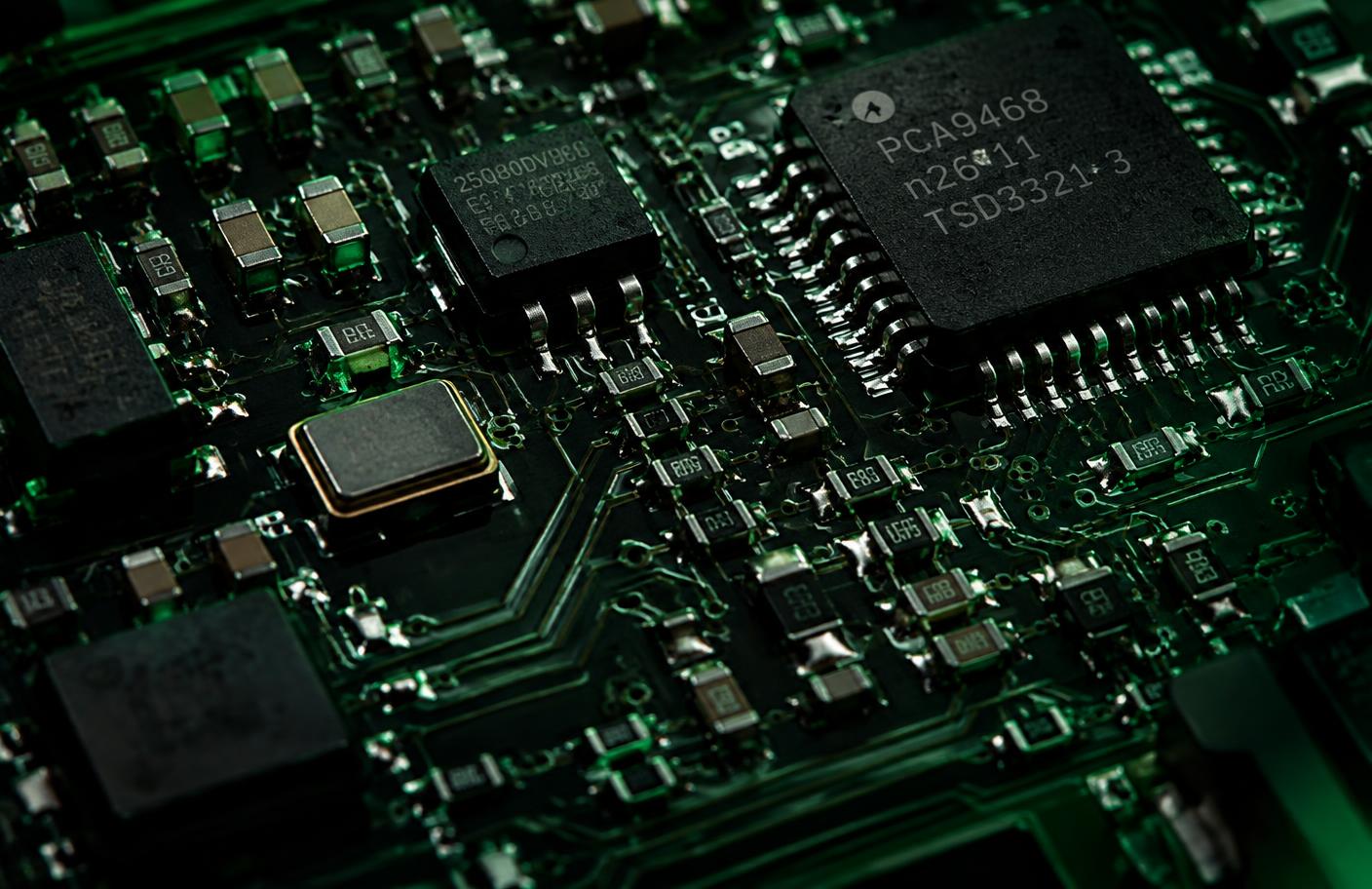 Macro detail of a printed circuit board with fine solder joints