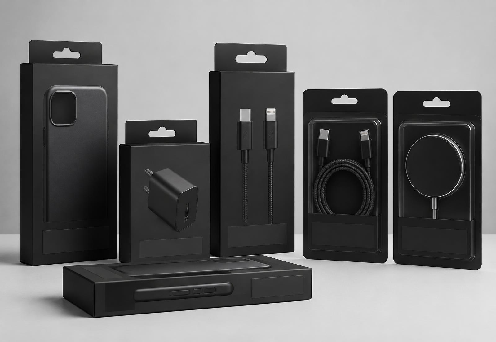 Range of premium unbranded retail packaging for phone cases, cables and chargers